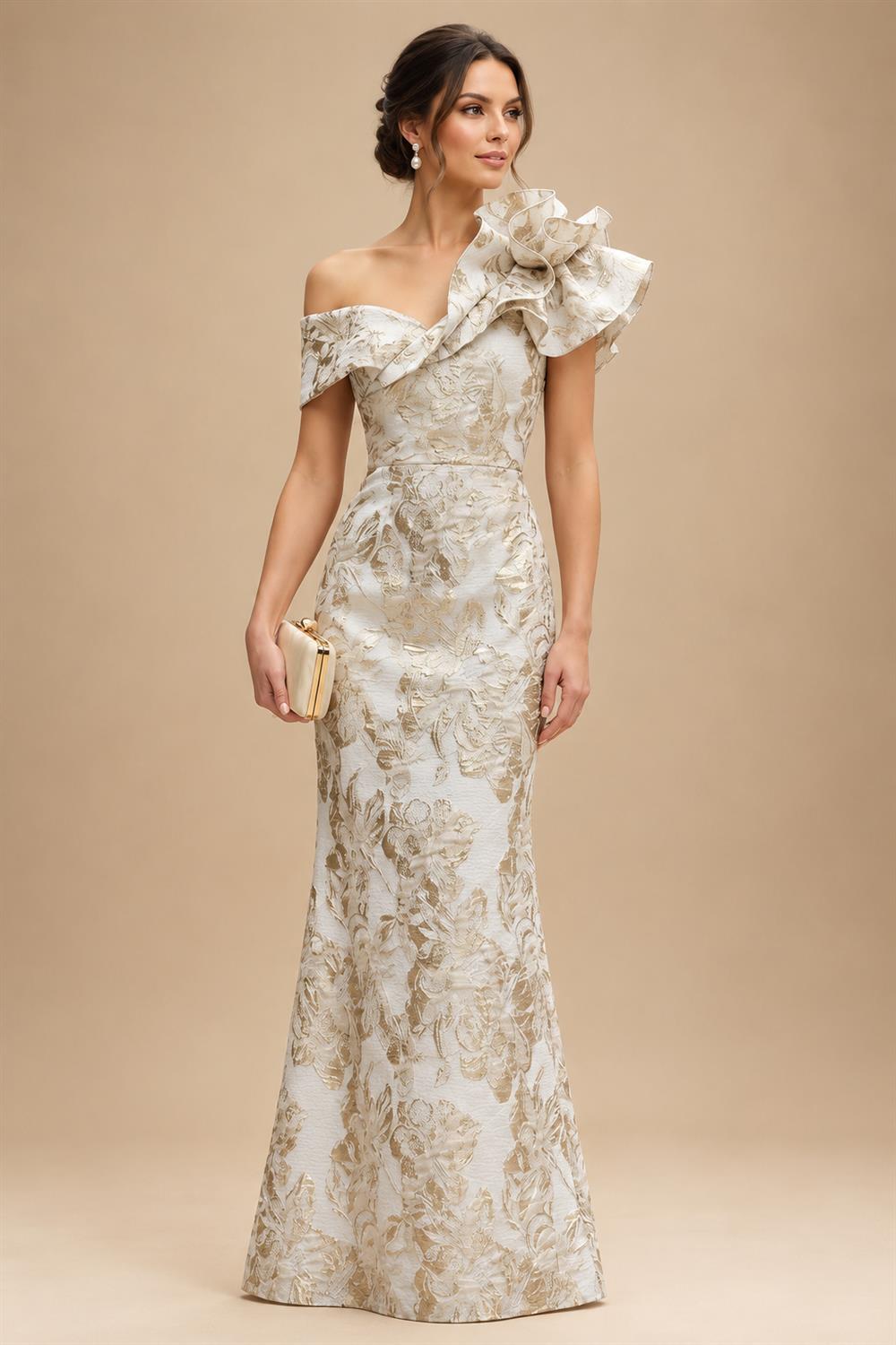 Sheath Floral Jacquard Off Shoulder Mother of the Bride & Groom Dresses with Flower (SHI22500777)