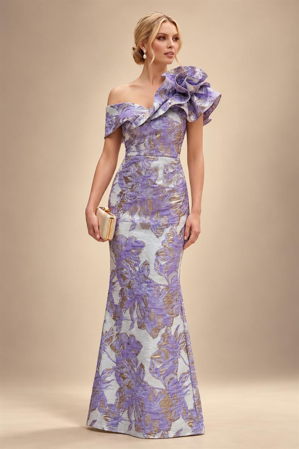 Sheath Floral Jacquard Off Shoulder Mother of the Bride & Groom Dresses with Flower (SHI22500777)