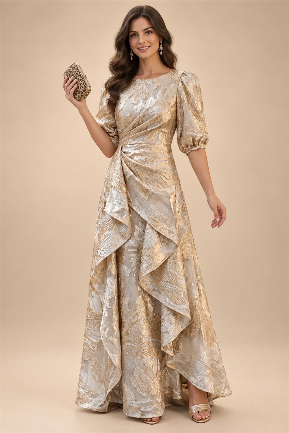 Jacquard A-Line/Princess Scoop Neck Floor-Length Mother of the Bride & Groom Dresses with Ruffles & Ruched Waist (SHI22501201)