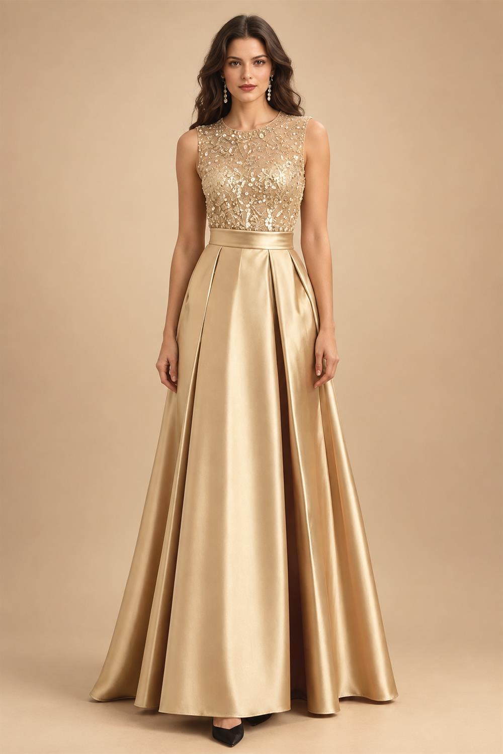 A-Line/Princess Scoop Neck Pleated Satin Evening Dresses with Sequins (SHI22500066)