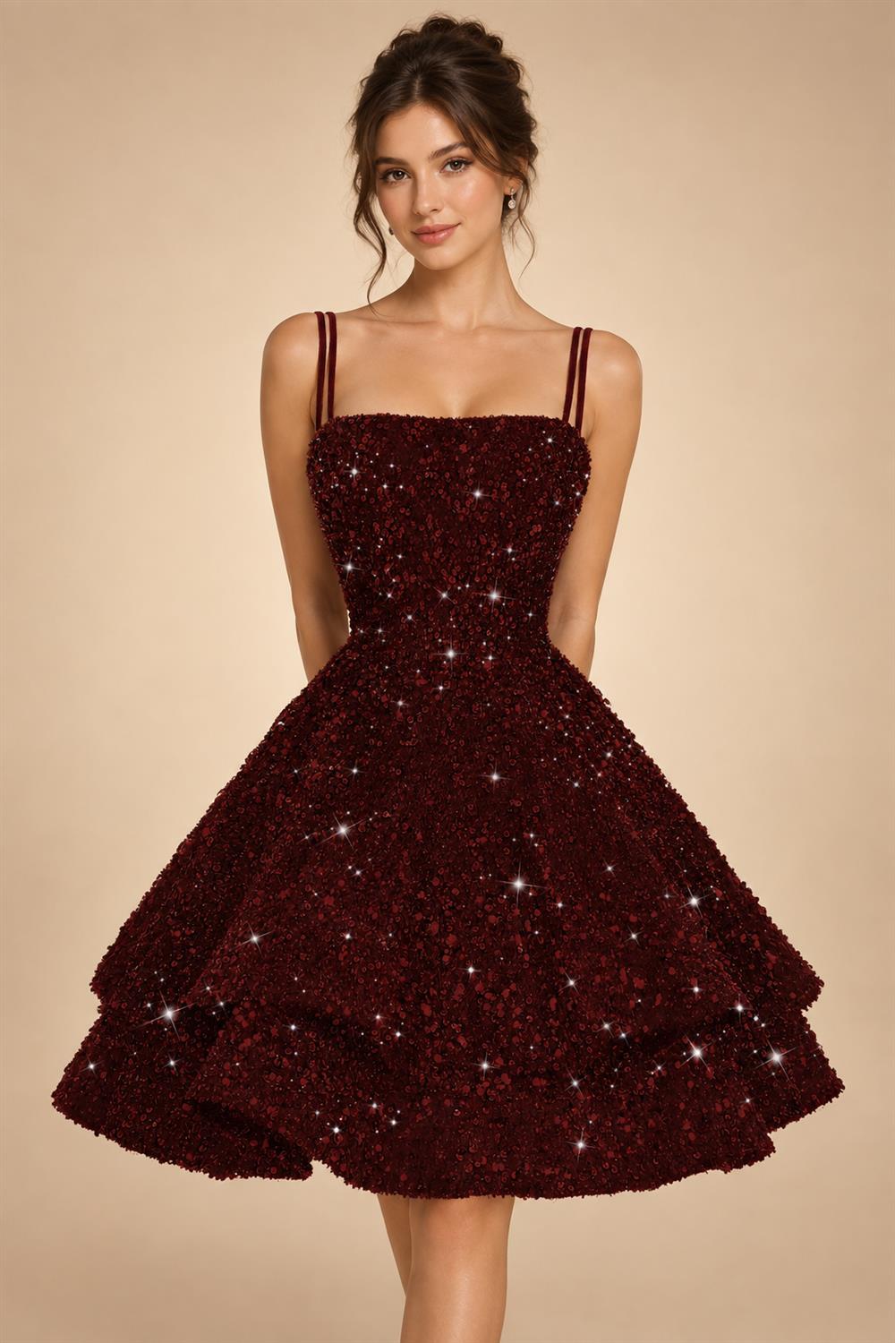 A-Line/Princess Mini Sparkly Sequin Tiered Homecoming Dresses with Spaghetti Straps (SHI22370561)