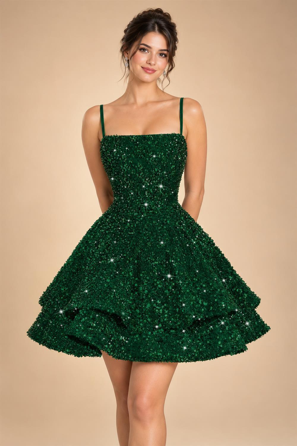 A-Line/Princess Mini Sparkly Sequin Tiered Homecoming Dresses with Spaghetti Straps (SHI22370561)