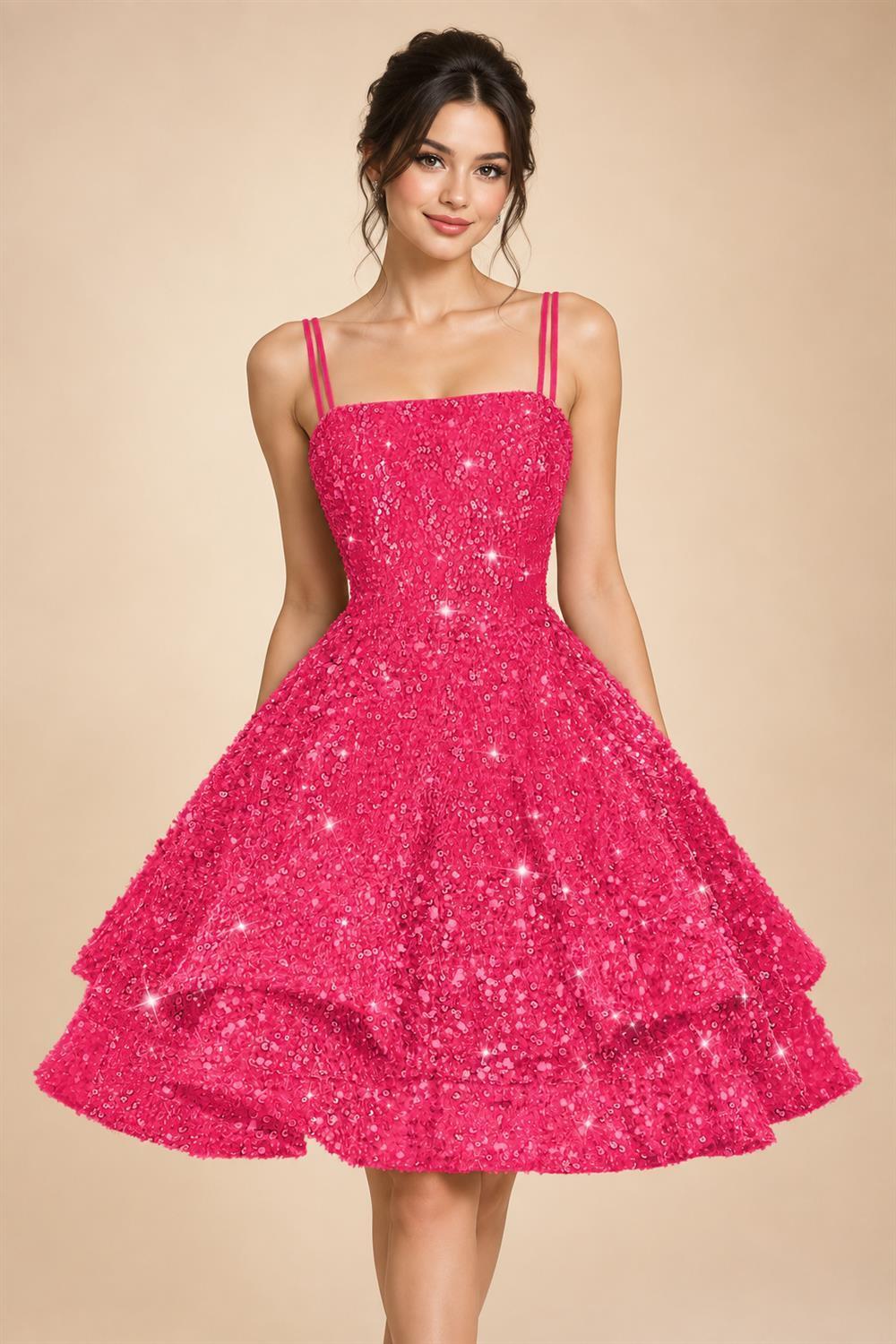 A-Line/Princess Mini Sparkly Sequin Tiered Homecoming Dresses with Spaghetti Straps (SHI22370561)