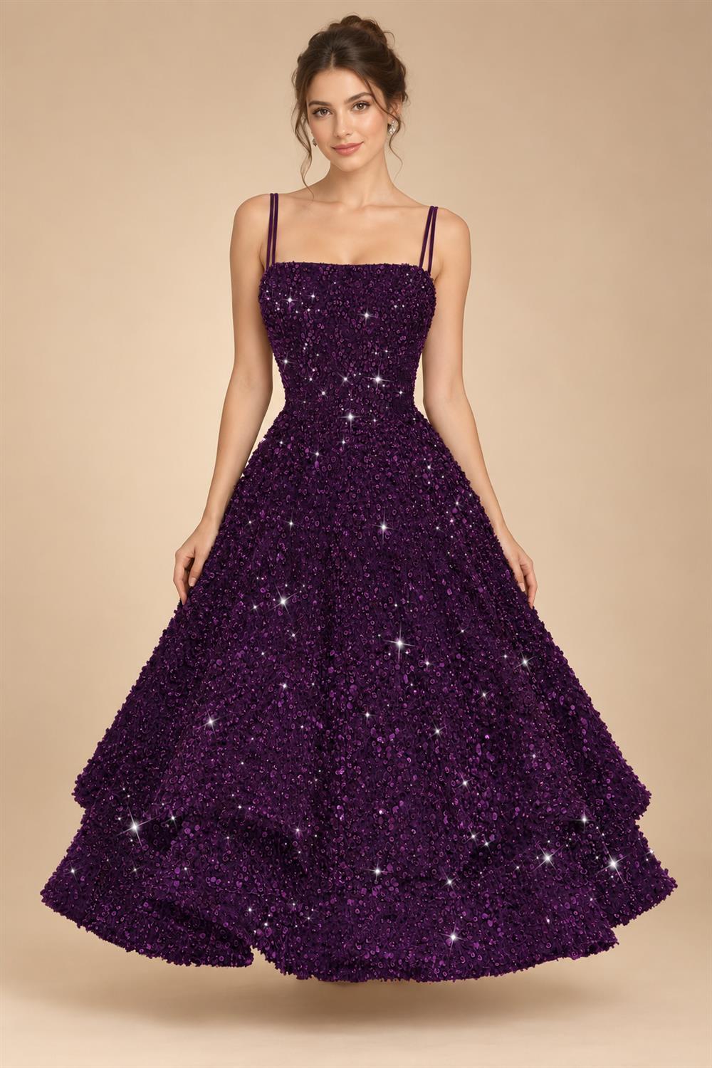 A-Line/Princess Mini Sparkly Sequin Tiered Homecoming Dresses with Spaghetti Straps (SHI22370561)