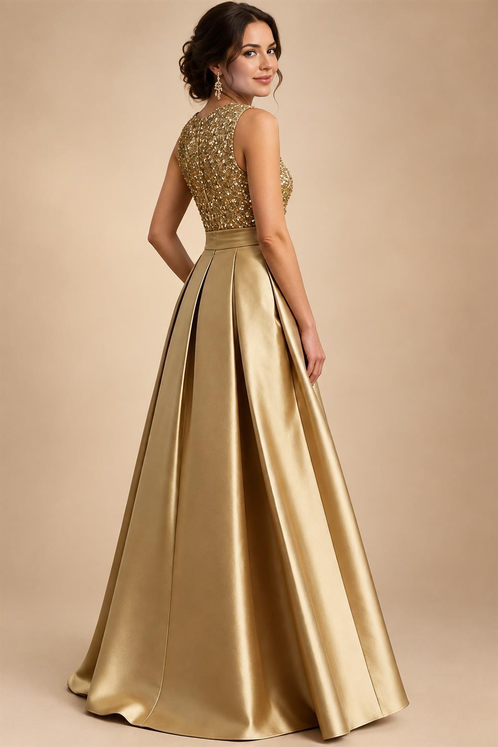A-Line/Princess Scoop Neck Pleated Satin Evening Dresses with Sequins (SHI22500066)