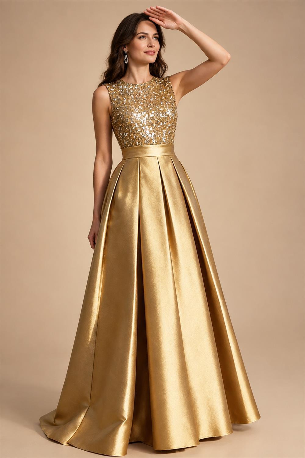 A-Line/Princess Scoop Neck Pleated Satin Evening Dresses with Sequins (SHI22500066)