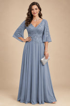 A-Line Chiffon 3/4 Flutter Sleeves Mother of the Bride & Groom Dresses with Beaded Lace Embroidered Bodice (SHI22500645)