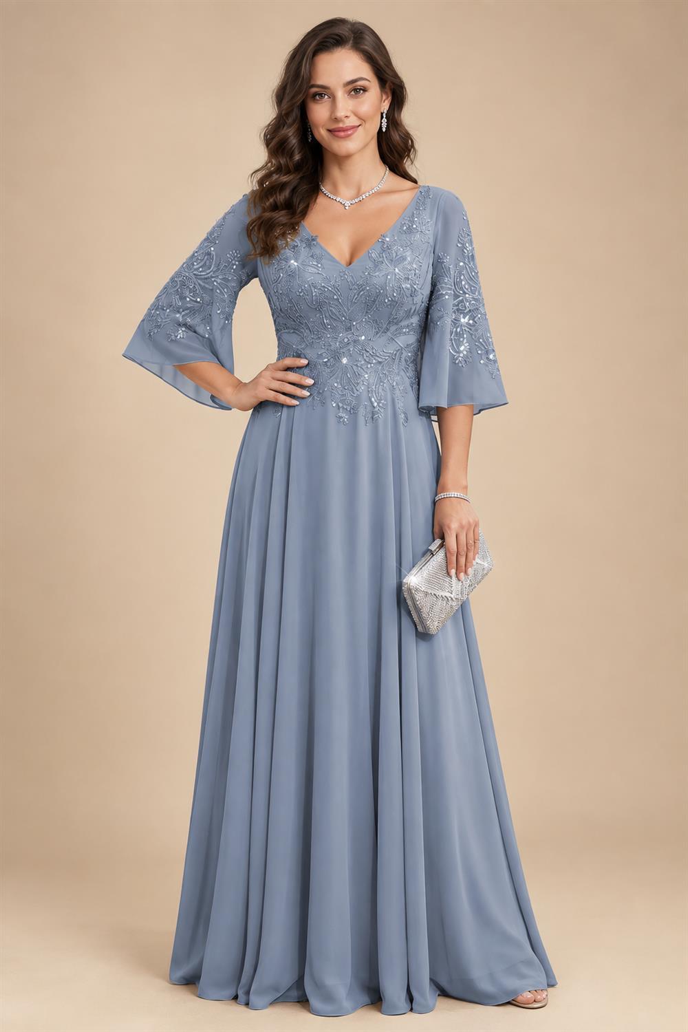 A-Line Chiffon 3/4 Flutter Sleeves Mother of the Bride & Groom Dresses with Beaded Lace Embroidered Bodice (SHI22500645)