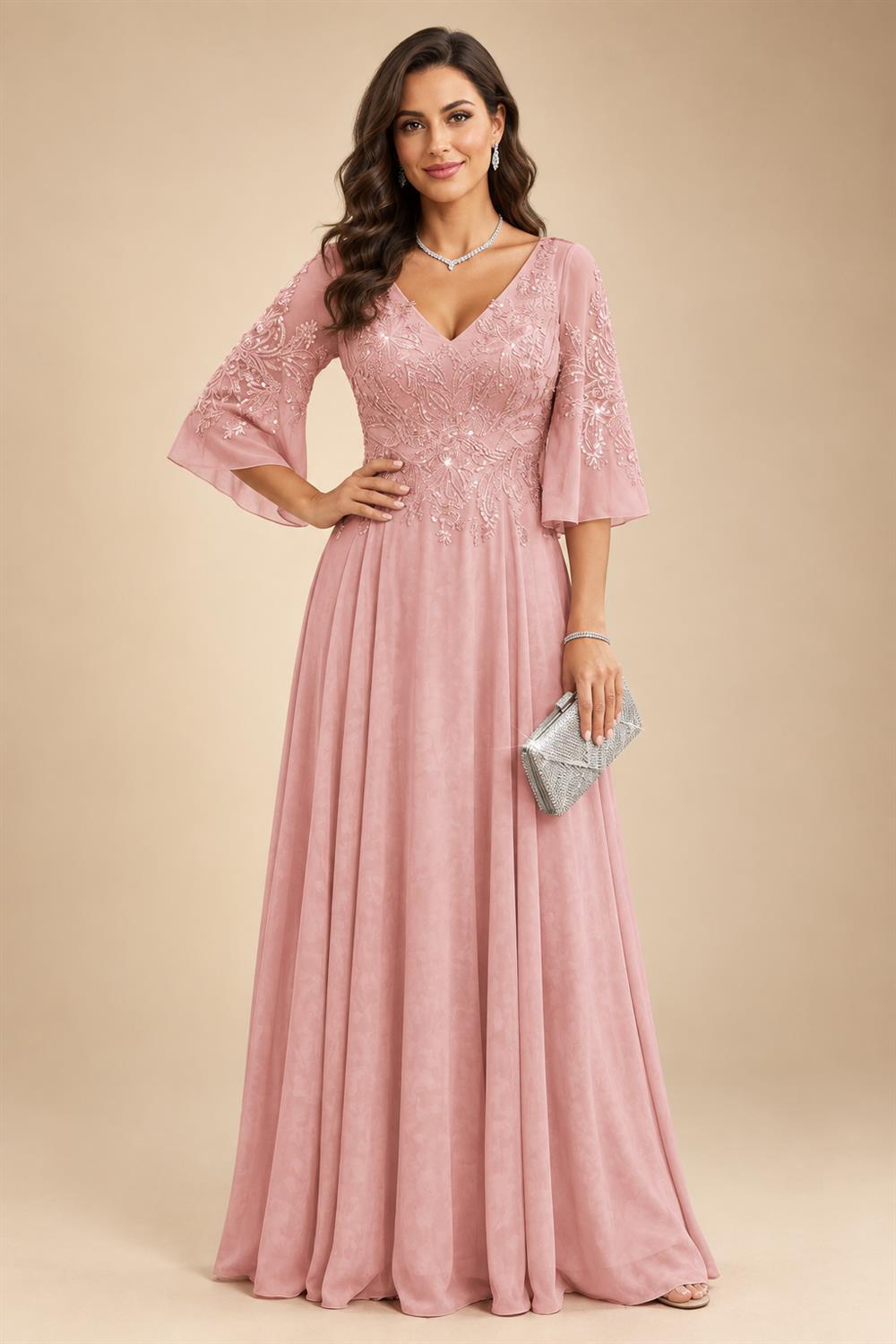 A-Line Chiffon 3/4 Flutter Sleeves Mother of the Bride & Groom Dresses with Beaded Lace Embroidered Bodice (SHI22500645)