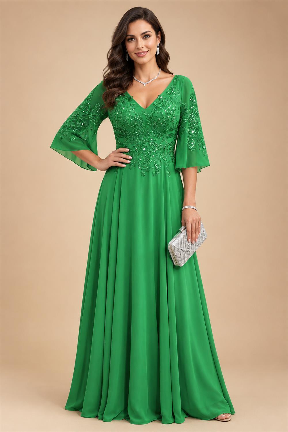 A-Line Chiffon 3/4 Flutter Sleeves Mother of the Bride & Groom Dresses with Beaded Lace Embroidered Bodice (SHI22500645)