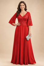 A-Line Chiffon 3/4 Flutter Sleeves Mother of the Bride & Groom Dresses with Beaded Lace Embroidered Bodice (SHI22500645)