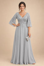 A-Line Chiffon 3/4 Flutter Sleeves Mother of the Bride & Groom Dresses with Beaded Lace Embroidered Bodice (SHI22500645)
