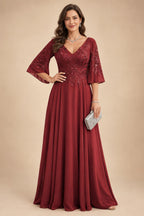 A-Line Chiffon 3/4 Flutter Sleeves Mother of the Bride & Groom Dresses with Beaded Lace Embroidered Bodice (SHI22500645)