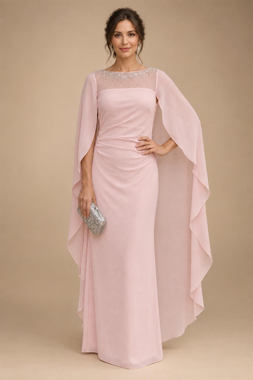 A-Line Chiffon Pleated Long Mother of the Bride & Groom Dresses with 3/4 Flutter Sleeves & Sequin Waist (SHI22500702)