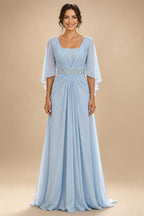 A-Line Chiffon Pleated Long Mother of the Bride & Groom Dresses with 3/4 Flutter Sleeves & Sequin Waist (SHI22500702)