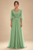 A-Line Chiffon Pleated Long Mother of the Bride & Groom Dresses with 3/4 Flutter Sleeves & Sequin Waist (SHI22500702)
