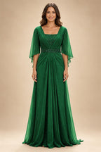 A-Line Chiffon Pleated Long Mother of the Bride & Groom Dresses with 3/4 Flutter Sleeves & Sequin Waist (SHI22500702)