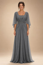 A-Line Chiffon Pleated Long Mother of the Bride & Groom Dresses with 3/4 Flutter Sleeves & Sequin Waist (SHI22500702)