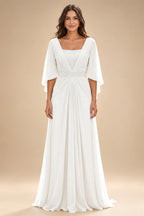 A-Line Chiffon Pleated Long Mother of the Bride & Groom Dresses with 3/4 Flutter Sleeves & Sequin Waist (SHI22500702)
