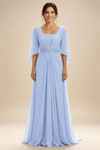 A-Line Chiffon Pleated Long Mother of the Bride & Groom Dresses with 3/4 Flutter Sleeves & Sequin Waist (SHI22500702)