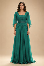 A-Line Chiffon Pleated Long Mother of the Bride & Groom Dresses with 3/4 Flutter Sleeves & Sequin Waist (SHI22500702)