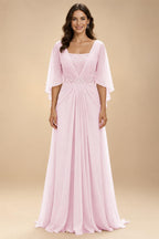 A-Line Chiffon Pleated Long Mother of the Bride & Groom Dresses with 3/4 Flutter Sleeves & Sequin Waist (SHI22500702)