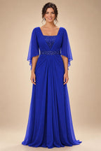 A-Line Chiffon Pleated Long Mother of the Bride & Groom Dresses with 3/4 Flutter Sleeves & Sequin Waist (SHI22500702)
