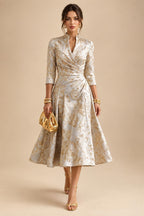 Jacquard A-Line/Princess V-Neck Tea-Length Mother of the Bride & Groom Dresses with Ruched Waist (SHI22501056)