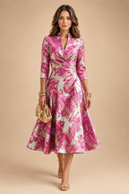 Jacquard A-Line/Princess V-Neck Tea-Length Mother of the Bride & Groom Dresses with Ruched Waist (SHI22501056)