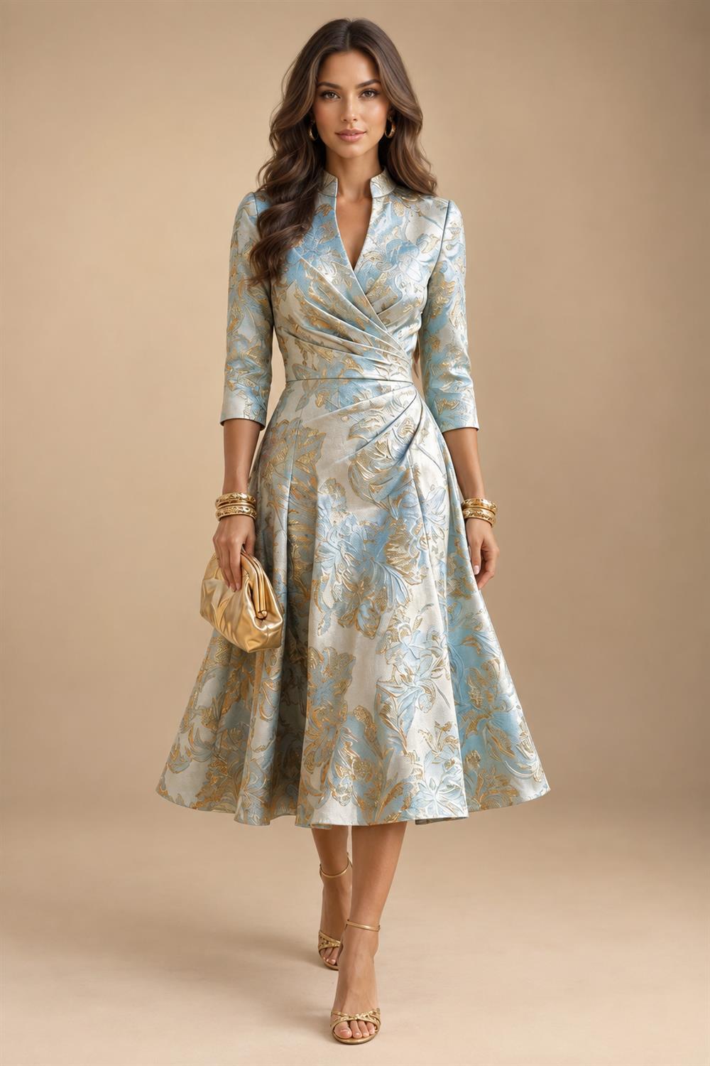 Jacquard A-Line/Princess V-Neck Tea-Length Mother of the Bride & Groom Dresses with Ruched Waist (SHI22501056)
