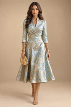Jacquard A-Line/Princess V-Neck Tea-Length Mother of the Bride & Groom Dresses with Ruched Waist (SHI22501056)