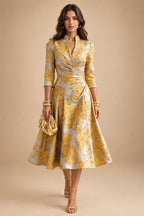 Jacquard A-Line/Princess V-Neck Tea-Length Mother of the Bride & Groom Dresses with Ruched Waist (SHI22501056)
