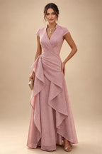 Jacquard A-Line/Princess V-Neck Tea-Length Mother of the Bride & Groom Dresses with Ruched Waist (SHI22501056)