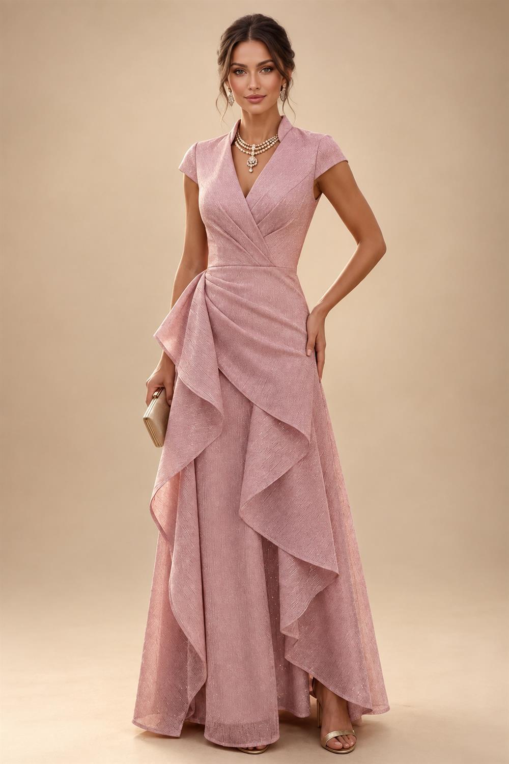 Jacquard A-Line/Princess V-Neck Tea-Length Mother of the Bride & Groom Dresses with Ruched Waist (SHI22501056)