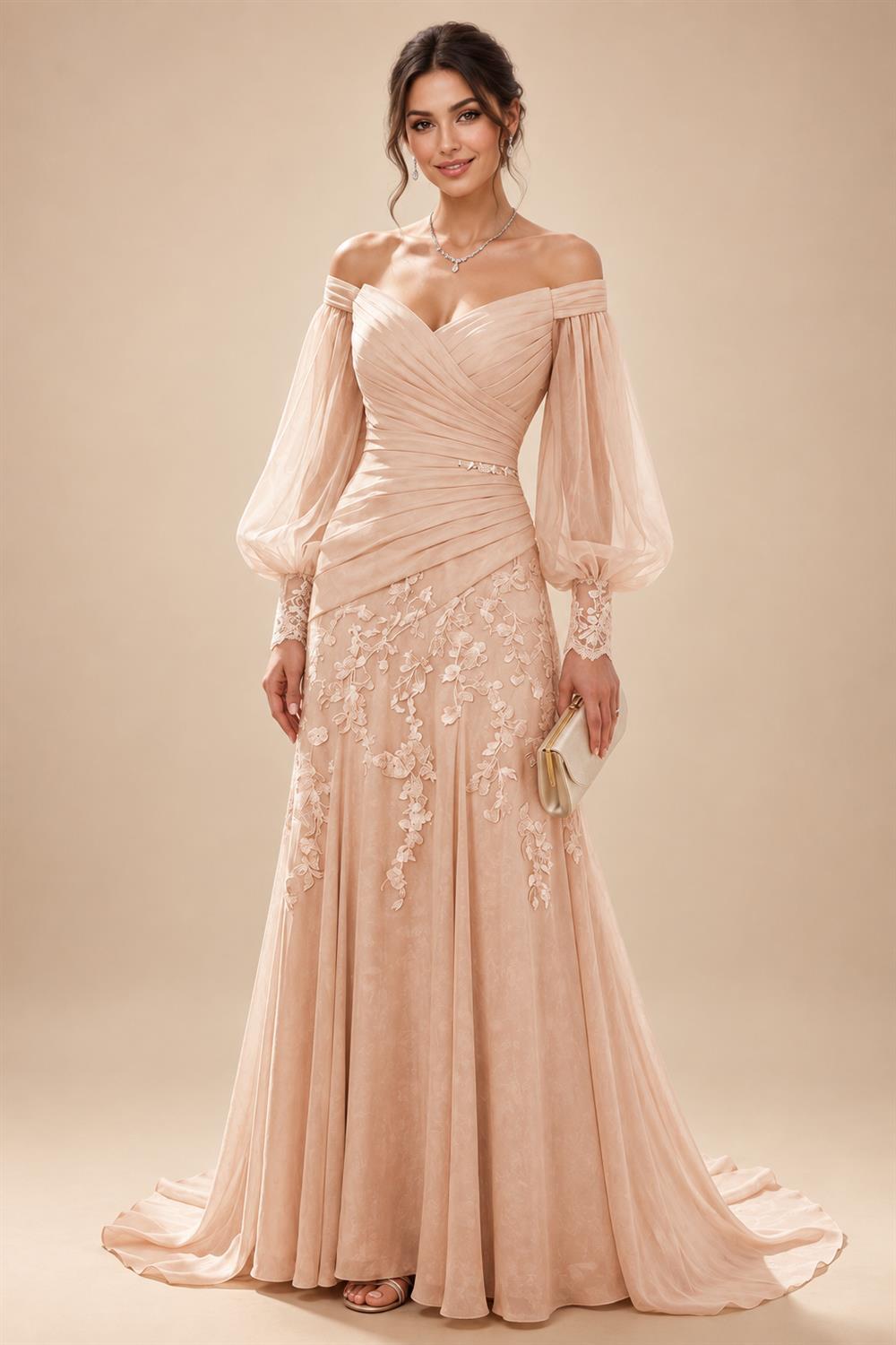 A-Line/Princess Off Shoulder Chiffon Floor-Length Mother of the Bride & Groom Dresses with Lace Appliques & Pleats (SHI22501566)
