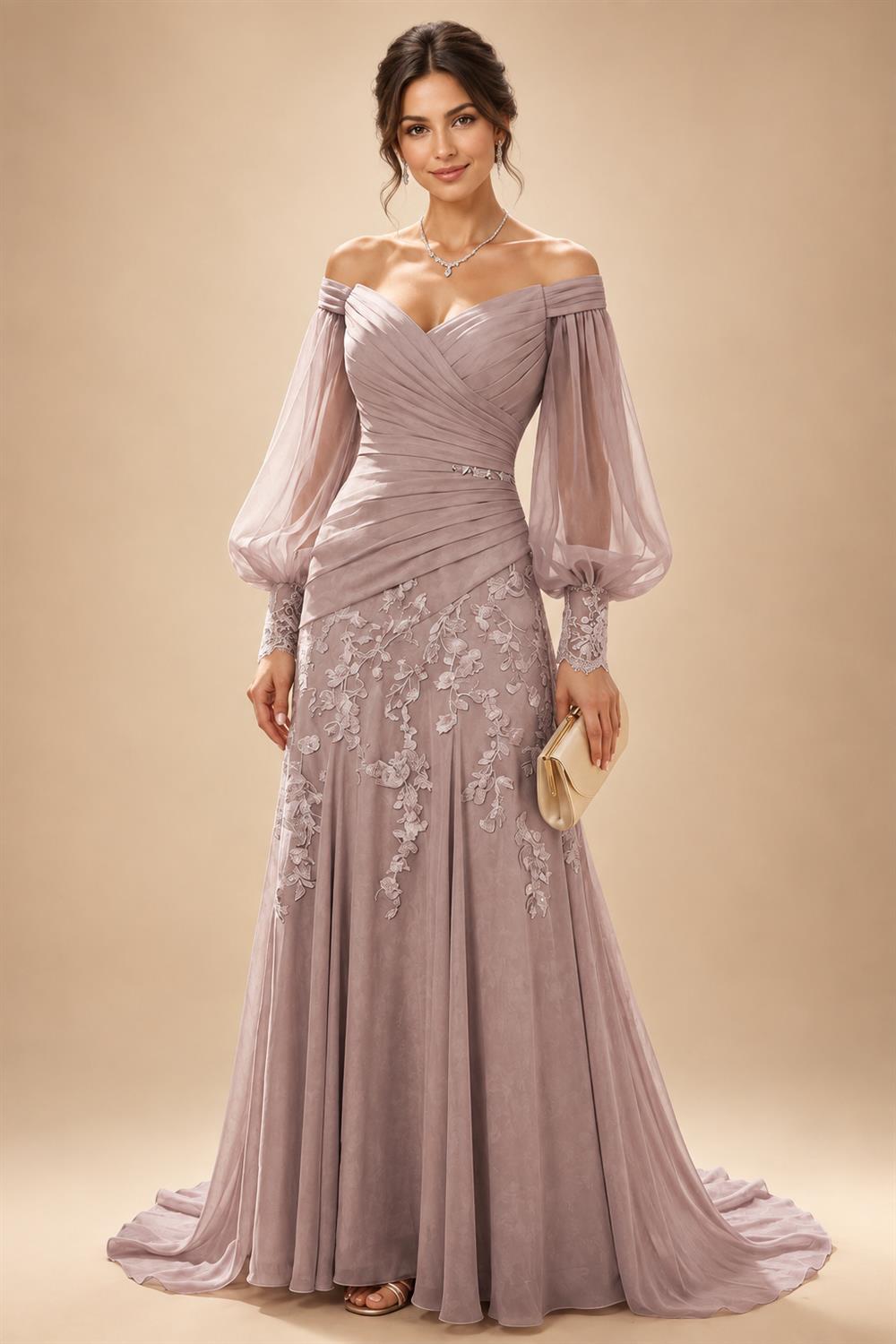 A-Line/Princess Off Shoulder Chiffon Floor-Length Mother of the Bride & Groom Dresses with Lace Appliques & Pleats (SHI22501566)
