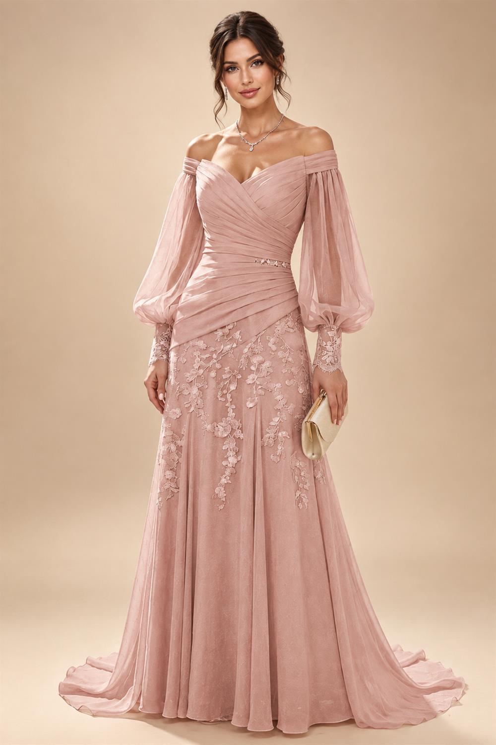 A-Line/Princess Off Shoulder Chiffon Floor-Length Mother of the Bride & Groom Dresses with Lace Appliques & Pleats (SHI22501566)
