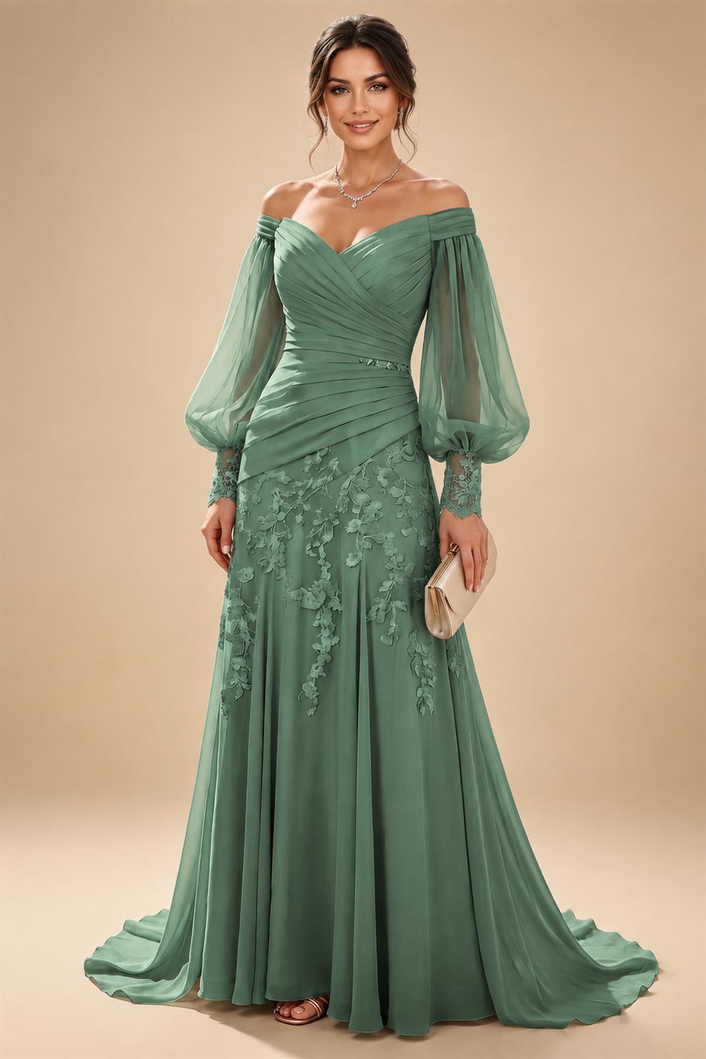 A-Line/Princess Off Shoulder Chiffon Floor-Length Mother of the Bride & Groom Dresses with Lace Appliques & Pleats (SHI22501566)