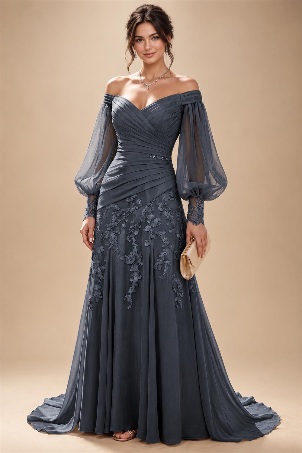 A-Line/Princess Off Shoulder Chiffon Floor-Length Mother of the Bride & Groom Dresses with Lace Appliques & Pleats (SHI22501566)