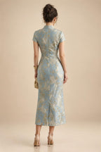 Jacquard A-Line/Princess V-Neck Tea-Length Mother of the Bride & Groom Dresses with Ruched Waist (SHI22501056)