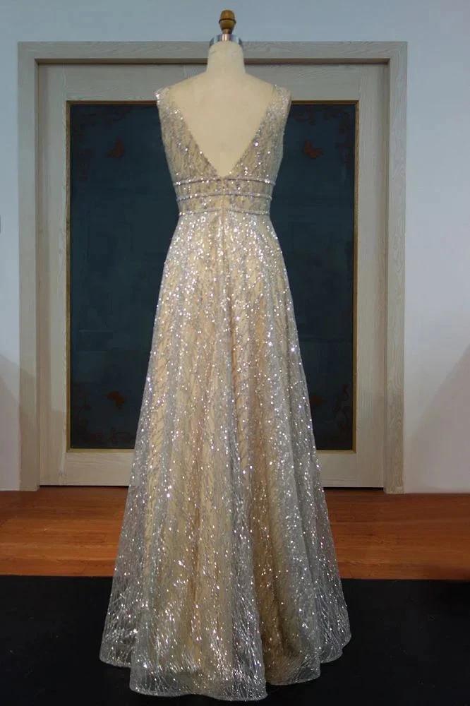 Floor Length A-line Sequined Sleeveless Silver Patterns Prom Dresses by misshow.com