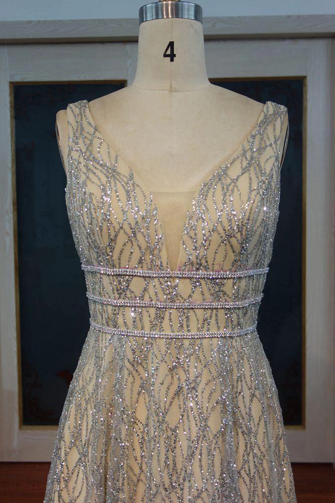 Floor Length A-line Sequined Sleeveless Silver Patterns Prom Dresses by misshow.com