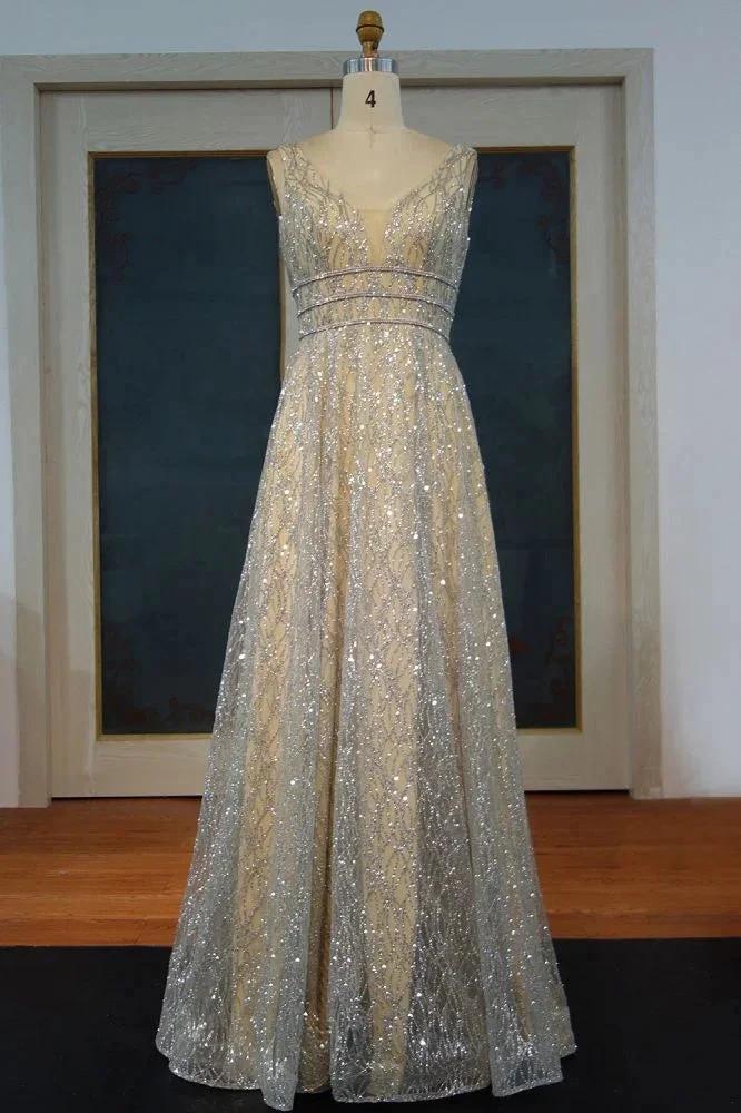 Floor Length A-line Sequined Sleeveless Silver Patterns Prom Dresses by misshow.com