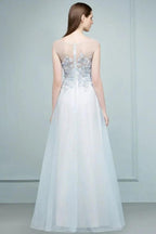 Floor Length A-line Sleeveless Appliqued Flowers Tulle Prom Dresses by misshow.com