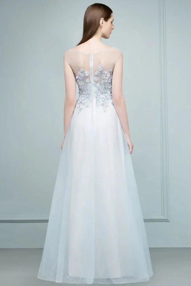 Floor Length A-line Sleeveless Appliqued Flowers Tulle Prom Dresses by misshow.com