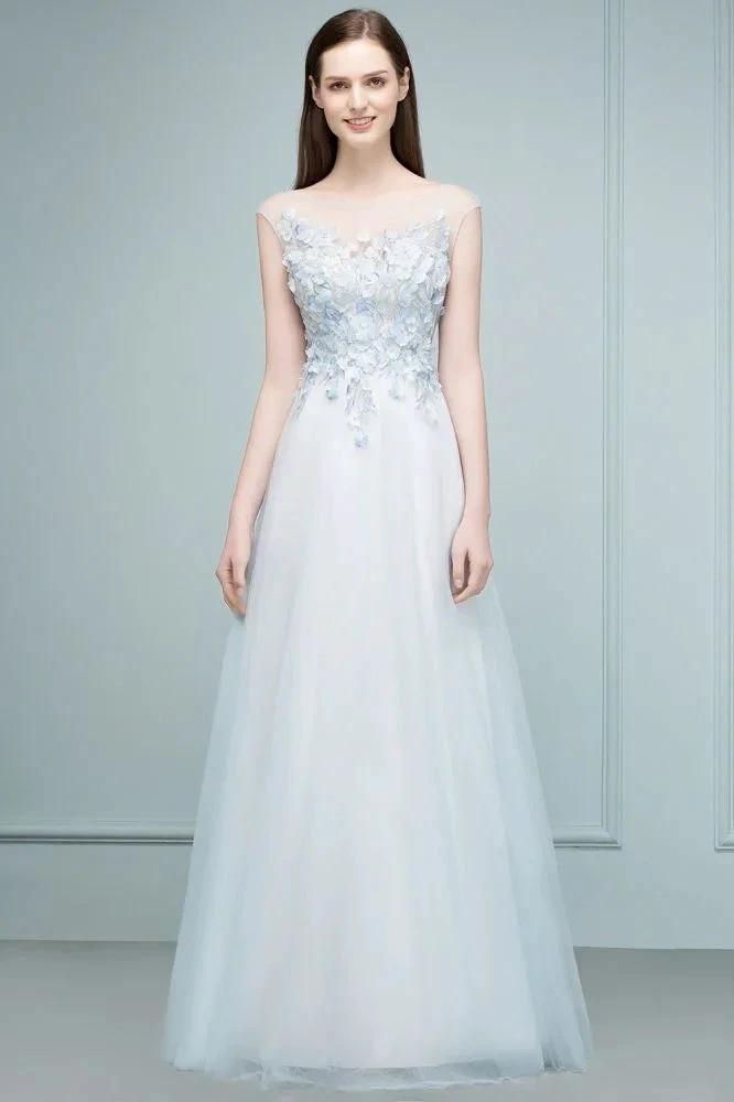 Floor Length A-line Sleeveless Appliqued Flowers Tulle Prom Dresses by misshow.com