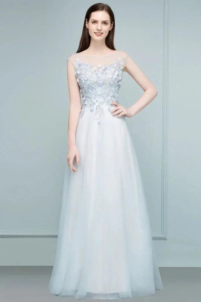 Floor Length A-line Sleeveless Appliqued Flowers Tulle Prom Dresses by misshow.com