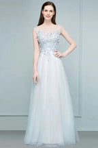 Floor Length A-line Sleeveless Appliqued Flowers Tulle Prom Dresses by misshow.com