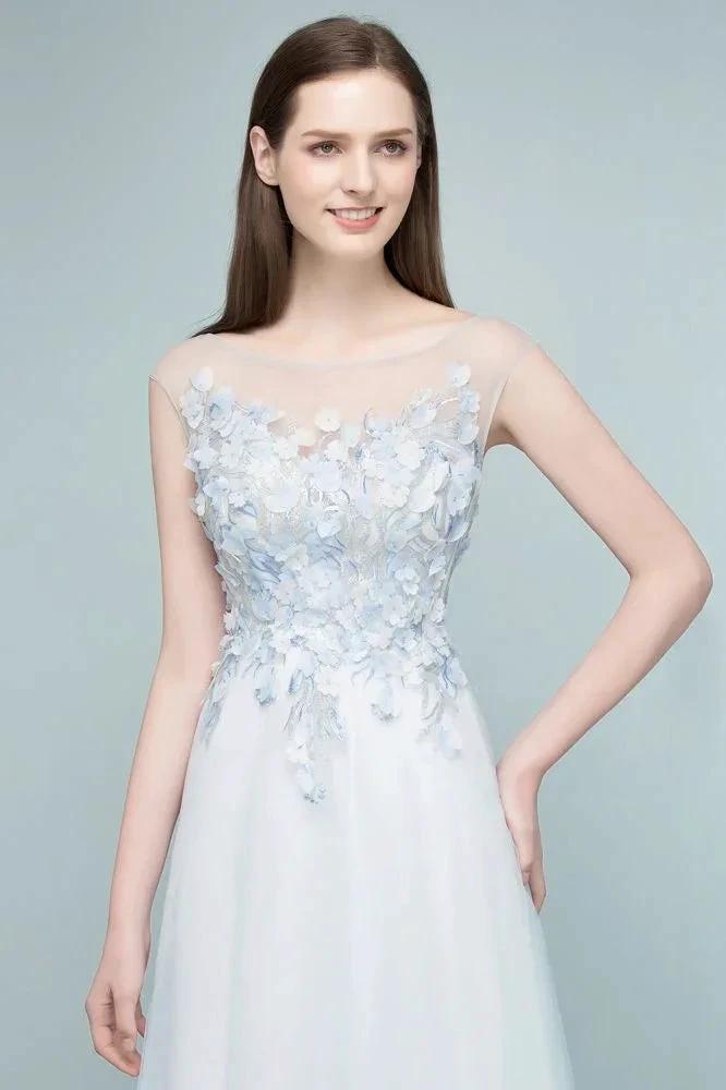 Floor Length A-line Sleeveless Appliqued Flowers Tulle Prom Dresses by misshow.com