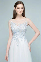 Floor Length A-line Sleeveless Appliqued Flowers Tulle Prom Dresses by misshow.com